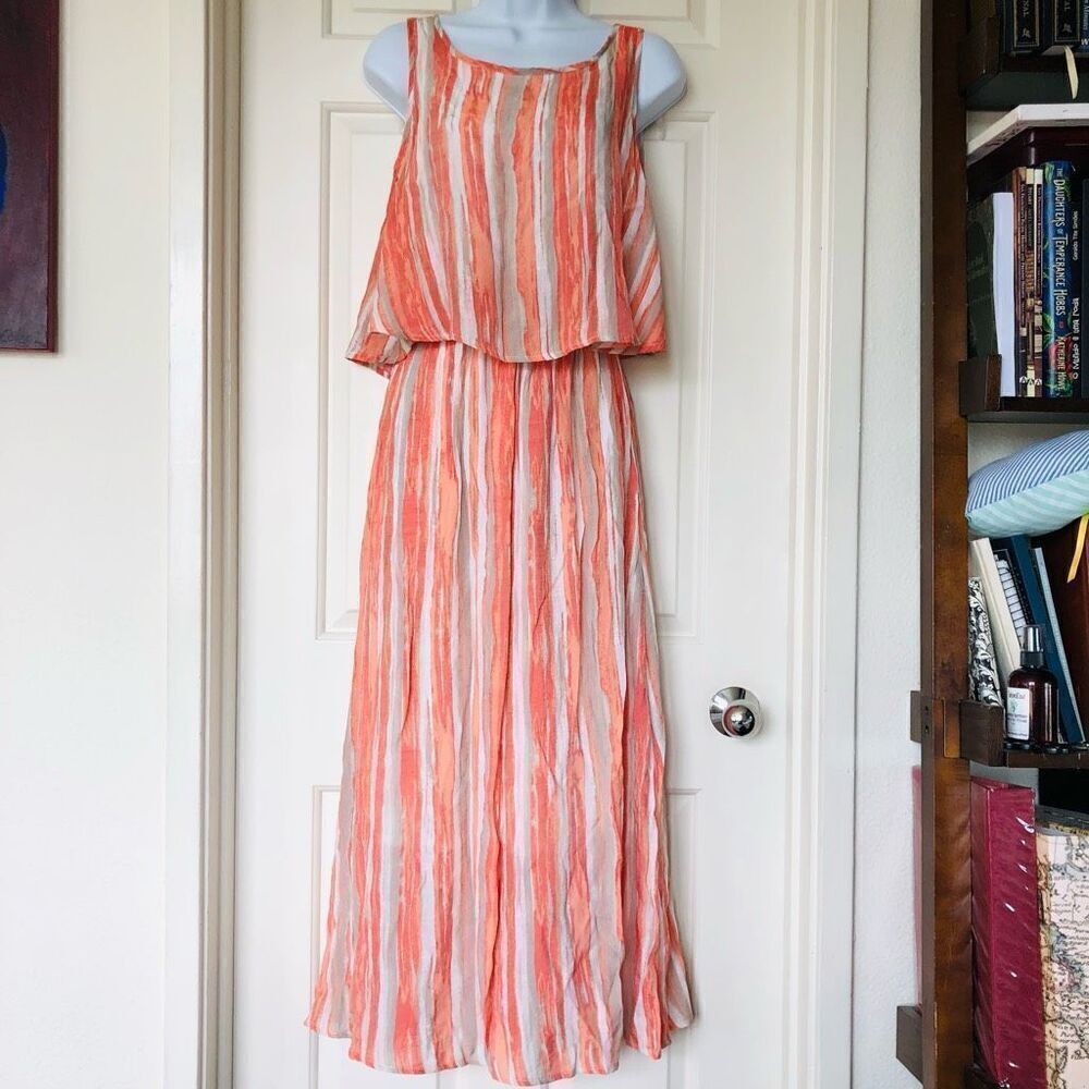 Robert Louis Striped Coral Khaki Tank Midi Dress